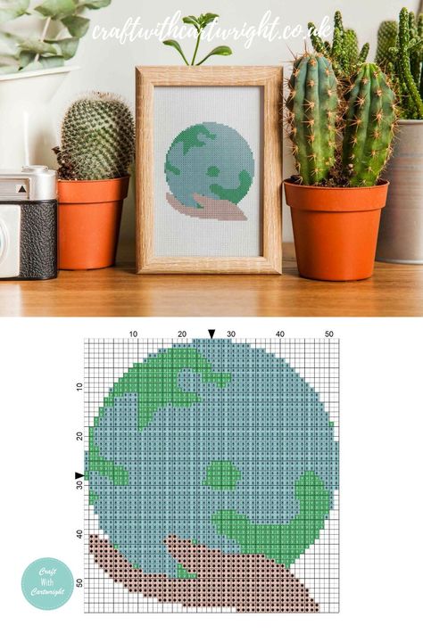 Care for the Earth cross stitch pattern - Craft with Cartwright Earth Cross Stitch Pattern, Earth Cross Stitch, Free Chart, Embroidery Scissors, Class Projects, Free Cross Stitch, Embroidery Floss, Earth Day, Embroidery Hoop