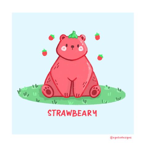 This cutie is inspired by strawberry and bear Strawberry Bear Drawing, Strawberry Illustration Cute, Berry Drawing, Strawberry Nursery, Cow Illustration, Art Zine, Painting References, Birthday Art, Strawberry Bear