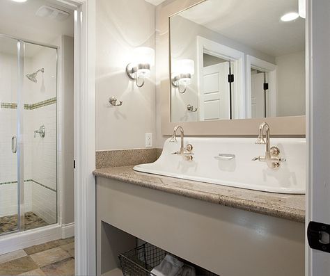 bathroom+trough+sink | ... arrow keys to view more bathrooms swipe photo to view more bathrooms Trough Sink Bathroom Double, Double Trough Sink, Trough Sink Bathroom, Tile Walk In Shower, Small Bathroom Colors, Trough Sink, Light Grey Walls, Canyon Road, Double Vanity Bathroom