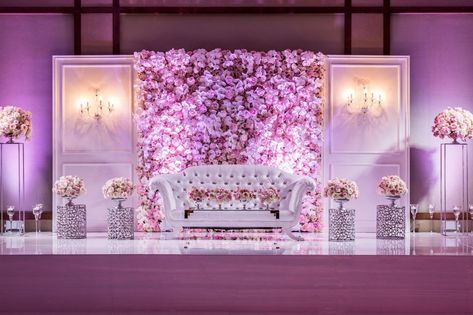 wedding reception violet purple lighting settee tufted on stage for newlyweds Indian Wedding Decorations Receptions, Ballroom Wedding Reception, Engagement Stage Decoration, Reception Stage Decor, Wedding Stage Backdrop, Purple Lighting, Wedding Hall Decorations, Wedding Stage Decor, Reception Backdrop