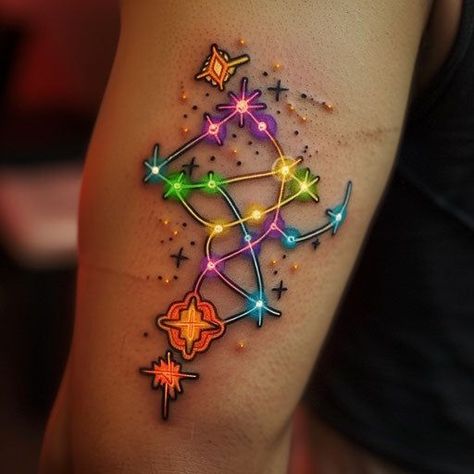 Trippy Alien Tattoo Ideas, Escapism Tattoo, Color Hand Tattoos, Neon Tattoo Ideas, Neon Light Tattoo, Cute Tattoo Stencils, Neon Sign Tattoo, Prism Tattoo, Cyberpunk Tattoo