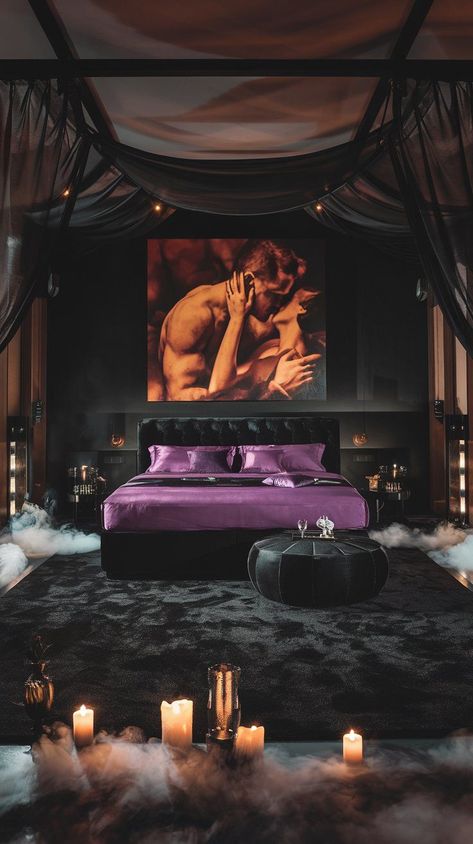 Dive into a world of love with this beautifully styled bedroom. The rich violet bedding and a passionate portrait of lovers create a seductive atmosphere, enhanced by soft candlelight and billowing smoke, making every moment feel electric. #homedecor #homedesign #bedroomdecor #bedroomredo #fallvibe #autumnvibe Flex Space Ideas, Mansion Rooms, Dream Life House, How To Dress A Bed, Luxurious Bed, Mid Century Modern Living Room, Romantic Bedroom, Room Redo, Decoration Inspiration