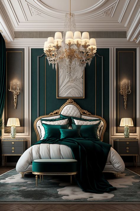 Green Royal Bedroom, Art Deco Hotel Room, Dark Teal Bedroom Ideas, Bed 2023, Dark Teal Bedroom, Art Deco Bedrooms, Green Bedroom Ideas, Green Accent Walls, Dark Green Walls