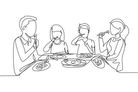 Eat Art Drawing, Family Eating Together Drawing, People Eating Drawing, Happy Family Drawing Sketch, Family Dinner Drawing, Eating Drawing Easy, People Eating Illustration, Family Sketch Illustration, Kitchen Table Drawing