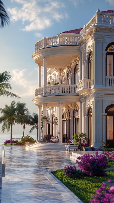 Oceanfront Mansion with Large Terrace Oceanfront Mansion, Big Modern Houses, Living By The Sea, Classic Mansion, Castle House Design, Luxury Homes Exterior, Large Terrace, Sweet Home Design, Luxury Exterior