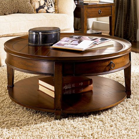 Have to have it. Hammary Sunset Valley Round Cocktail Table - Rich Mahogany - $515 @hayneedle Parquet Design, Sunset Valley, Mahogany Coffee Table, Boys Furniture, Round Cocktail Tables, Circular Table, Lift Top Coffee Table, Cool Coffee Tables, Coffee Table Setting