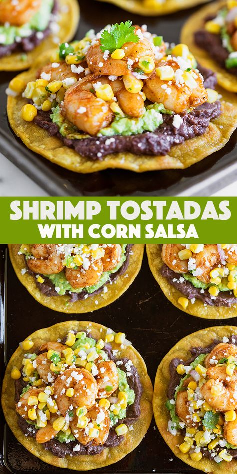 Shrimp Avocado Tostadas, Fish Tostada Recipes, Tostada Recipes Shrimp, Salmon Tostadas Recipe, Shrimp Tostadas With Pineapple Salsa, Recipes With Tostada Shells, Mini Shrimp Tostadas, Sides For Tostadas, Street Corn Tostadas