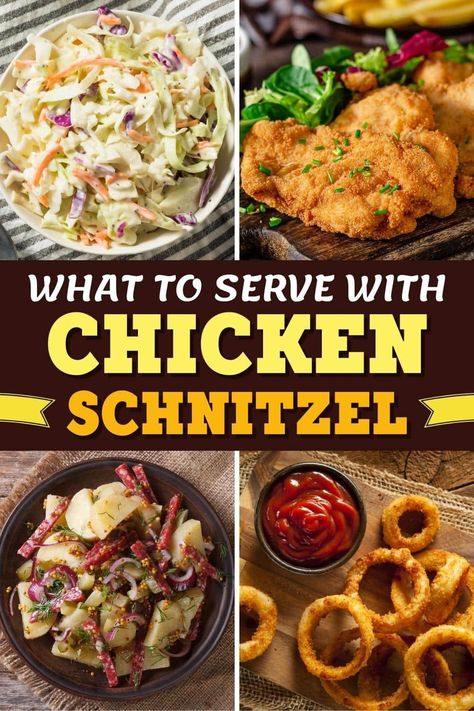 Wondering what to serve with chicken schnitzel? From coleslaw to buttered noodles to mashed potatoes, each of these side dishes is the perfect accompaniment. Chicken Schnitzel Sides Dishes, What To Serve With Schnitzel, Chicken Schnitzel Sides, Schnitzel Side Dishes, Snitzel Recipe, Chicken Snitzel Recipe, Chicken Shnitzel, Schnitzel Recipe, Sides For Chicken