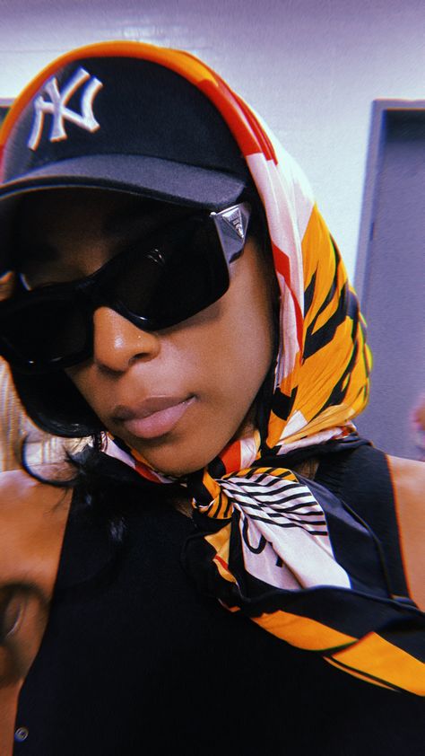 @supremekourtnee for enisle studios   scarf hat combo outfit, black prada glasses, summer inspo Hat And Scarf Combo, Scarf And Cap Outfit, Scarf Hat Outfit, Scarf On Head Outfit, Scarf And Hat Outfit, Black Baseball Hat Outfit, Snapback Hat Outfit, Visor Hat Outfit, Hat And Scarf Outfit