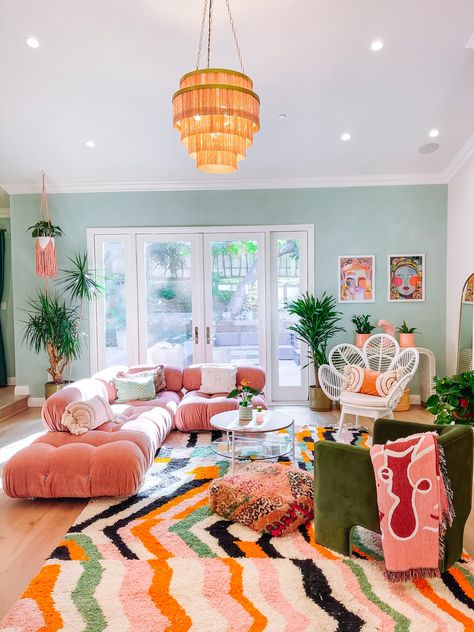 Dazey Den - Lena Livingroom Makeover | Dazey LA Living Room Inspiration Cozy Bohemian, Fun Living Room Wall Colors, Interior Design Family Home, Boho Disco Apartment, Fun Colorful Living Room Ideas, Gray Walls Interior Design, Eclectic Beauty Room, Colorful Living Spaces, Apartment Trends 2023