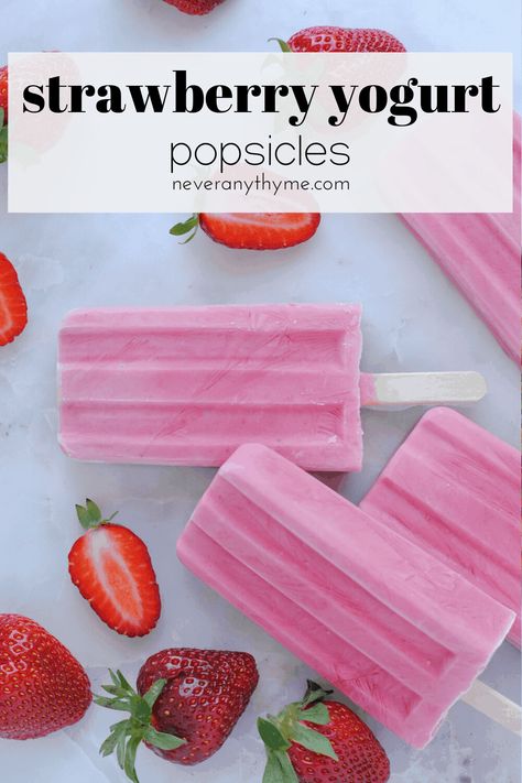 Easy recipe for simple, whole ingredient strawberry yogurt popsicles. Made with strawberries, yogurt and sweetened with banana or a natural sweetener for a healthy snack. Just a few minutes hands on time to make this healthy dessert. Strawberry Yogurt Popsicles, Greek Yogurt Popsicles, Yogurt Popsicle Recipes, Frozen Yogurt Popsicles, Strawberry Granola, Strawberry Popsicles, Refreshing Breakfast, Healthy Popsicles, Yogurt Pops