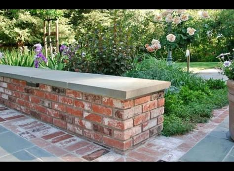 Brick Wall Around Patio, Brick Seating Wall, Brick Wall Patio, Brick Patio Wall, Garden Wall Seating Ideas, Brick Half Wall Exterior Patio Ideas, Brick Seating Outdoor, Brick Pergola, Brick Bench Seat