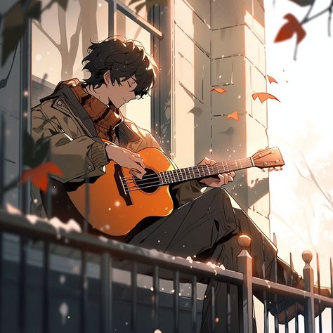 An anime guy with lustrous black hair finds solace, perched on the windowsill, contemplating a world beyond with a hint of wistful longing. Anime Guy Guitar, Anime Photographer Guy, Book Music Aesthetic, Anime Guy Sitting, Anime Music Aesthetic, Anime Musician, Musician Drawing, Guy With Black Hair, Anime Boy With Headphones