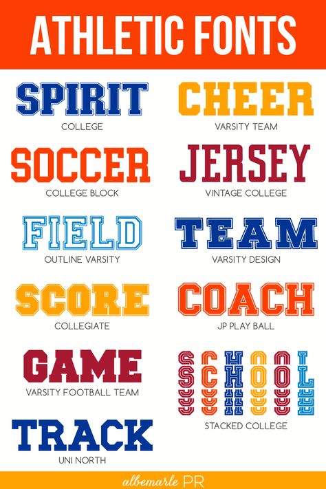 Athletic Fonts for Sports Designs, Varsity Fonts, and College Fonts Free Sports Fonts For Cricut, Distressed Fonts For Cricut, Sports Fonts For Cricut, Sport Font Design, College Athletics Graphics, College Merch Ideas, Cricket Fonts, School Logo Ideas, School Spirit Ideas