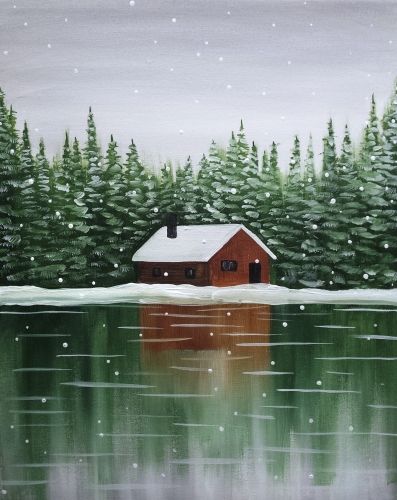 Hey! Check out Snowy Cabin II at Virtual Venue - Alberta - Yaymaker Paint Night Winter Scenes, Snow Painting Acrylic Winter Scenes Easy, Winter Paintings On Canvas Acrylics, Winter Painting Ideas, Winter Night Landscape Painting, Winter Night Painting Snow Scenes, Snowy Woods Painting, Starfish Painting, Snowy Cabin