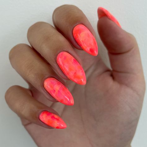 Bright Red Nails With Design Summer, Coral Marble Nails, Jamaica Nail Ideas, Fruit Salad Nails, Bright Marble Nails, Bright Summer Acrylic Nails Almond, Bright Almond Nails, Hot Pink And Orange Nails, Summer Coral Nails