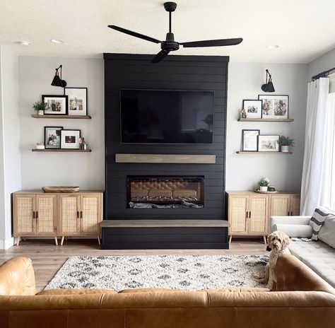 Living Room With Slanted Ceiling, Builder Grade Living Room Makeover, Fireplace Basement Ideas, Panel Fireplace Wall, Small Living Room Fireplace, Vaulted Ceiling Living Room Decor, Westbury House, Black Shiplap Fireplace, Fireplace Basement