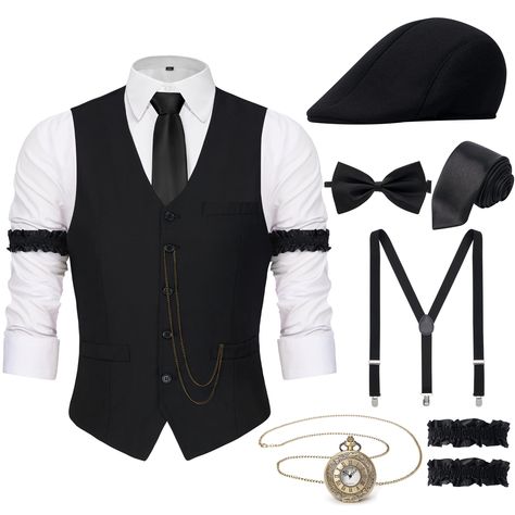 PRICES MAY VARY. This 1920s Mens Outfit includes: 1 x 1920s Mens Fedora Hat; 1 x The Great Gatsby Vest; 1 x Vintage Pocket Watch(No Batteries); 1 x Pre Tied Bow Tie; 1 x Tie; 1 x Y-back Elastic Belt Suspenders; 2 x Black Armbands; Notice: The white shirt is not included in the set Size of the 1920s Mens Costume Accessories: 1920s hat circumference--22.8” and one size fits most; Vest--Please check the vest size carefully and choose the best fit for you; Suspenders are elastic and adjustable;1920s Gatsby Costume Mens, Roaring 20s Party Outfit Mens, Casino Outfit Men, Mens Gatsby Costume, Roaring 20s Costumes, 1920s Mens Clothing, 20s Hat, 1920s Mens Costume, Belt Suspenders