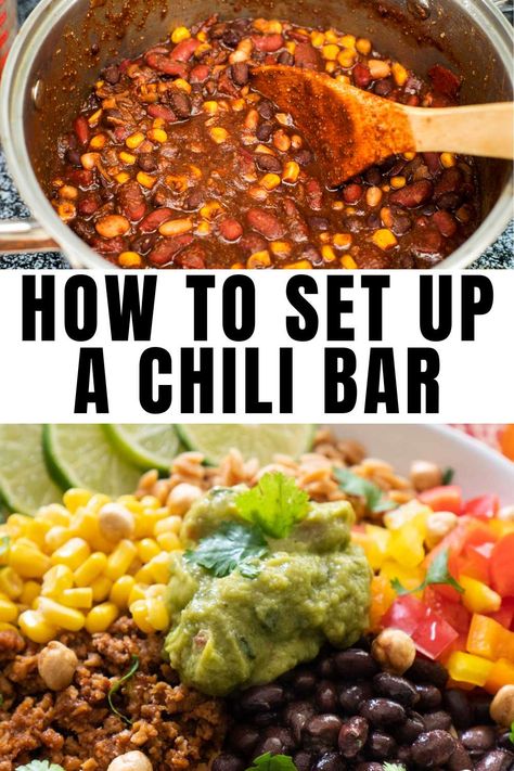 Setting up a chili bar is a creative way to elevate your chili party, turning a simple meal into a fun, interactive experience. Think of it like a chili charcuterie, where you serve a big pot of chili surrounded by an array of delicious toppings like shredded cheese, sour cream, jalapeños, and cornbread. You can even create a chili dinner board with all the toppings beautifully arranged for easy access, letting guests customize their bowls just the way they like. Chili Bar For Party, Chili Station Party, Chili Bar Charcuterie Board, Chili Charcuterie Boards, Food Bar For Parties, Chili For A Party, Chili Halloween Party, Chilli Bar Party Ideas, Chili Boards