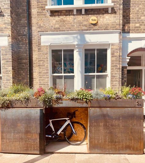 Bike Storage Front Of House, Bike Storage Front Garden, Rainwater Garden, Garden Bike Storage, Bike Storage Shed, Bike Box, Residential Garden, Kid Friendly Backyard, Outdoor Bike Storage