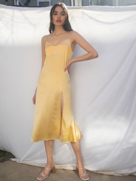 Yellow Slip Dress, Slip Dress Midi, Ethical Clothing Brands, Midi Skirt Outfit, Strapless Midi Dress, Silk Midi Dress, Ethical Clothing, Dress Midi, Satin Dresses