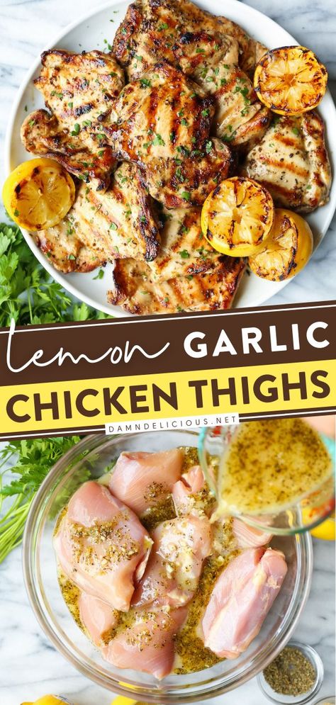 LEMON GARLIC CHICKEN THIGHS, chicken recipes, simple dinner recipes Lemon Garlic Chicken Thighs, Best Marinade, Garlic Chicken Thighs, Easy Summer Dinners, Lemon Garlic Chicken, Salad Pasta, Summer Recipes Dinner, Chicken Dishes Recipes, Garlic Chicken