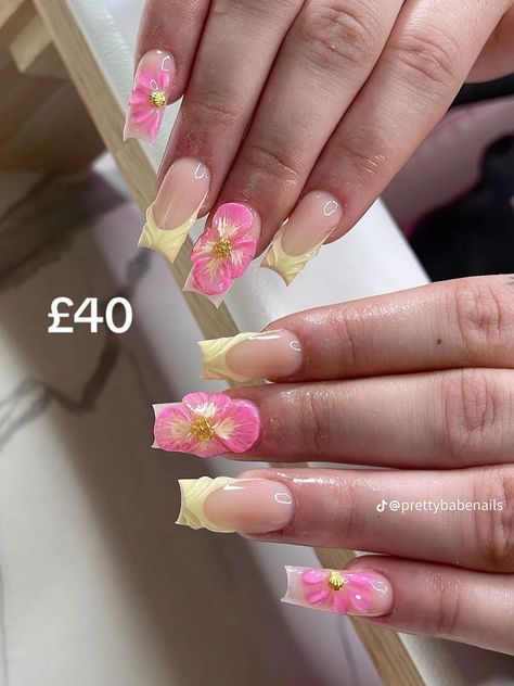 Tropical Nails Square, Orchid Nails Square, Yellow And Pink Nails, Nails Tropical, Orchid Nails, Hard Nails, Summery Nails, Girly Acrylic Nails, Simple Acrylic Nails