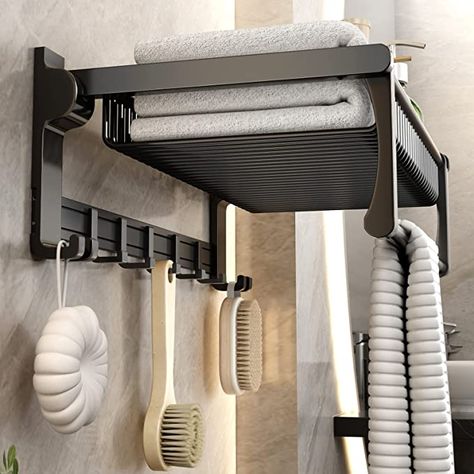 Bathroom Towel Hook Wall, Bathroom Towel Rack With Shelf, Bathroom Shelves With Towel Hooks, Bathroom Racks Ideas Shelves, Towel Bar Hanging Storage, Wall Shelf Towel Bar, Bathroom Hand Towel Holder With Shelf, Bathroom Racks, Black Metal Shelf With Towel Bar