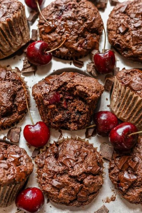 Indulge in the most delicious Double Chocolate Cherry Muffins made with sourdough discard. Moist, rich, and bursting with flavor—the perfect baking recipe for stone fruit season. You're going to love these chocolate cherry sourdough muffins. #muffins #chocolate #cherry Sourdough Muffins, Cherry Muffins, Double Chocolate Cookies, Muffin Batter, Forest Cake, Fermentation Recipes, Grass Fed Butter, Cherry Recipes, Chocolate Muffins