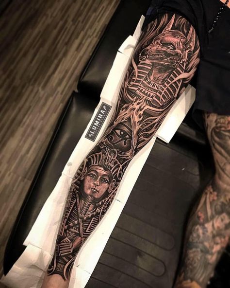 Best Leg Tattoos, Egyptian Tattoo Sleeve, Anubis Tattoo, Full Leg Tattoos, Egypt Tattoo, Tattoo Inspiration Men, Tattoos Geometric, Egyptian Tattoo, Leg Tattoo Men