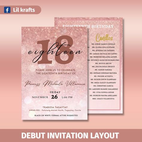 Message us on fb page @lil krafts ᴗ̈ Invitation For Debut, Debut Invitation Template, Debut Invitation 18th, Debut Design, Sample Invitation, Debut Invitation, Blue Birthday Parties, Eighteenth Birthday, Tagaytay