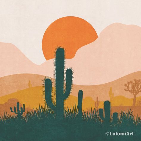 Set of 2 Desert Prints Southwestern Wall Art Joshua Tree | Etsy Cactus Desert Illustration, Boho Cactus Art, Cactus Landscape Painting, Western Landscape Illustration, Abstract Desert Landscape, Boho Landscape Art, Boho Cactus Wallpaper, Landscape Illustration Minimalist, Cactus Illustration Design