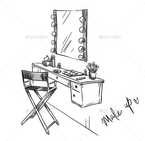 Chair Illustration, Table Sketch, Mirror Drawings, Makeup Print, Chair Drawing, Makeup Illustration, Makeup Wallpapers, Makeup Drawing, Interior Design Sketches