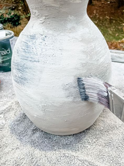 How To Make a Vase Look Like Aged & Weathered Ceramic - Heather Krout White Ceramic Vases Decor, Glass Vase To Ceramic Diy, How To Make Pots Look Old, Paint Glazed Pots, Diy Vase Pottery, How To Paint Over Ceramic Vase, Repainting Ceramic Vases, How To Paint Glass Vases To Look Like Pottery, Diy Stoneware Vase