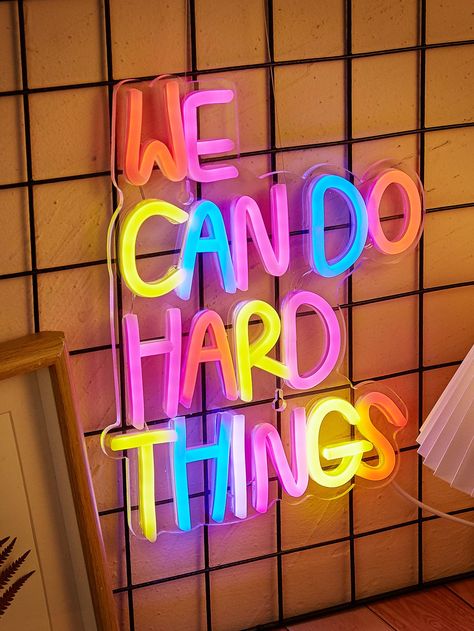 PRICES MAY VARY. 🎮CUTE UNIQUE DESIGN🎮 We can do hard things neon signs is curved into a shape by an LED neon strip.use this 3D wall art neon signadd luster to your environment. We can do hard things size: 10.63x8.66x0.39 inch. 👹A EASY TO INSTALL 👹 LED neon sign We can do hard things is powered by 5V USB. You can use the mobile phone charger, or computerUSB port to light up this neon light anytime and anywhere. 🌟APPLICATON 🌟We can do hard things Neon Signs light and durable. You can decorat Neon Lights For Girls Room, Make It Happen Neon Sign, Neon Sign Room Decor, Neon Office Sign, Rainbow Neon Sign, Kid Lamps, Small Neon Signs, Led Signs Aesthetic, Led Light Signs Bedroom