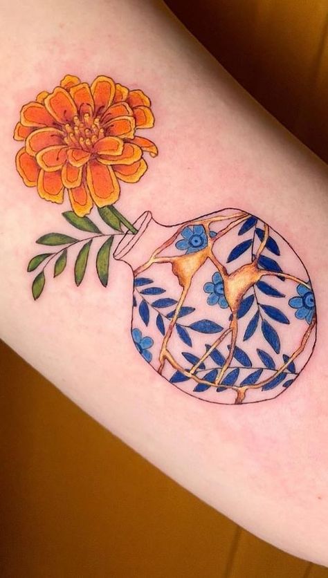 Jar With Flowers Tattoo, When Life Gives You Lemons Tattoo, Marigold Tattoo Traditional, Full Color Tattoo Design, Marigolds Tattoo, Sun Tattoo Color, Talavera Tattoo, Glitter Tattoo Ideas, Marigold Tattoos