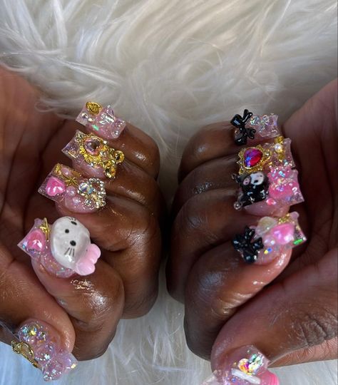 Long Hello Kitty Acrylic Nails, Short Charm Nails, Preteen Birthday, Kitty Aesthetic, Junk Nails, Kitty Nails, Acrylic Toe Nails, Long Nail, Dope Nail Designs