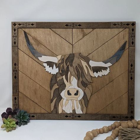 Mosaic Highland Cow, Wood Highland Cow, Painting Highland Cow, Cow Decorations, Bandsaw Projects, Craft Shack, Highland Cow Painting, Carved Wood Wall Art, Cowboy Theme