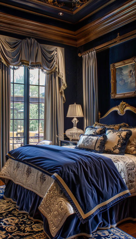 Love the elegant details in this blue and gold room Blue And Gold Room, Royal Blue Bedroom, Royal Blue Bedrooms, Blue And Gold Bedroom, Suite Bedroom, Gold Room, Gold Rooms, Big Bedrooms, Beige Bedroom