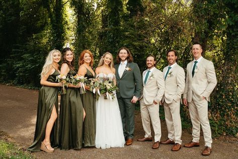 An Ethereal Springtime Wedding Near Nashville | May 21 | Nashville Outdoor Wedding + Event Venue | CJ's Off the Square White Tan Green Wedding, Tan And Green Wedding Party, Groomsmen Outfits Green, Green Groom Beige Groomsmen, Tan Suit Groomsmen Green Bridesmaid, Sage Green Bridesmaid And Groomsmen, Green Bridesmaid Tan Groomsmen, Classic Boho Wedding, Green Wedding Party