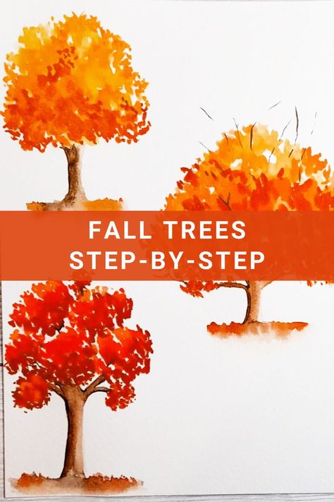 Three Easy Fall Tree In Watercolor. Step By Step Painting Tutorial. How To Paint. Autumn Painting. Fall Tree Watercolor Painting, Tree Painting Easy, Paint Autumn, Watercolor Step By Step, Watercolor For Beginners, Watercolor Painting Easy, Fall Tree Painting, Landscape Steps, Tree Watercolor Painting