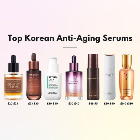 Joyce on Instagram: "Top Korean Anti-aging serums 🤩 hey loves I know this was a long awaited one! In Korea and most East Asian countries, the approach to anti-aging skincare is different to Western counties. Whilst the West focuses on using actives like Retinol, the East believe gentle is always better (which doesn’t work for everyone) and use natural herbs such as Red Ginseng. That’s why when products contain Ginseng, it’s always marketed as a ‘anti aging’ product. Buttt using any old ginse Serum For Anti Aging, Antiage Skincare, Anti Aging Skin Care Products, Skincare For Anti Aging, Korean Retinol Serum, Best Face Serum Anti Aging, Korean Skincare Anti Aging, Antiaging Skincare, Korean Retinol