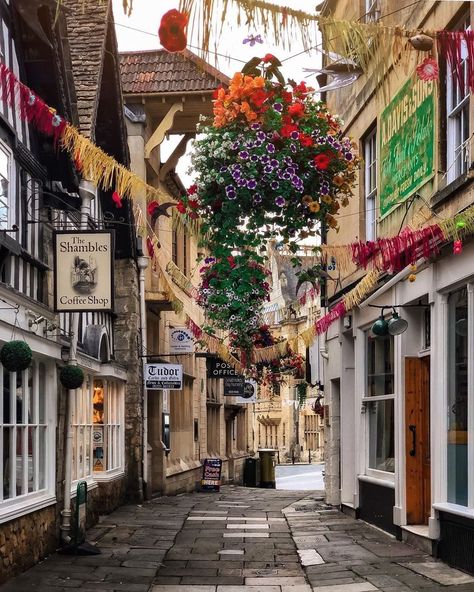 This cute pedestrian street in Bradford on Avon, called The Shambles, is filled with cosy spots and vintage shops to explore. While you're… Going Abroad, Bradford On Avon, Cotswolds England, Abroad Travel, Hanging Flower Baskets, Traveling Abroad, Beautiful Streets, Hanging Flowers, Back Gardens