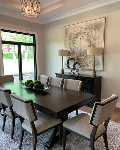 10 Chair Dining Room Table, Formal Dining Room Dark Wood, Dark Grey Dining Table Decor, Dinning Room Dark Wood Table Decor, Dining Room Table Centerpiece Modern, Dining Room Interior Ideas, Brown Table Decor Dining Rooms, Dark Brown Dining Table Decor Ideas, Dining Room Decor Dark Wood Table