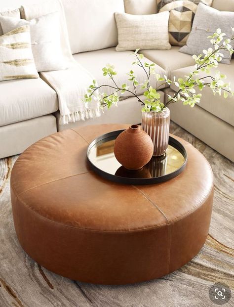 Round Ottoman Living Room, Leather Ottomans Living Room, Large Leather Ottoman, Ottoman As Coffee Table, Circle Ottoman, Round Ottoman Coffee Table, Round Leather Ottoman, Large Round Ottoman, Leather Ottoman Coffee Table