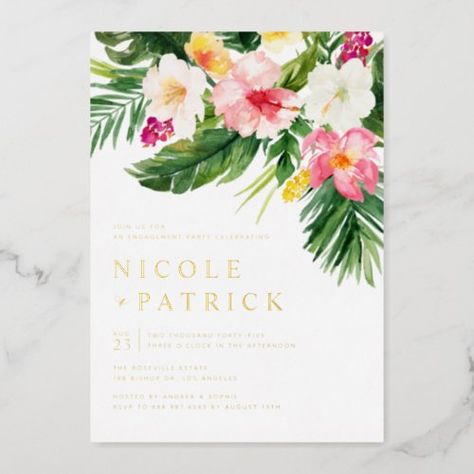 $3.75 | Greenery and Flowers Tropical Engagement Party #hibiscus, watercolor, botanical, palm leaves, engagement party, engagement party invitation, tropical engagement party invitation, tropical engagement, gold foil engagement party, gold foil engagement party invitation Tropical Engagement Party, Beach Party Invitations, Tropical Invitations, Retro Wedding Invitations, Flowers Tropical, Gold Foil Wedding Invitations, Foil Pressed Wedding Invitations, Tropical Wedding Invitations, Havana Nights