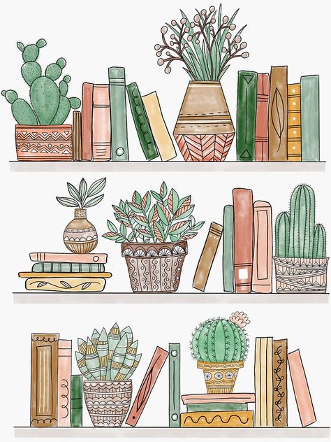 Succulents Art, Books And Plants, Bookshelf Art, Plant Art Print, Succulent Art, Library Art, Plant Drawing, Plant Lover Gift, Plant Art