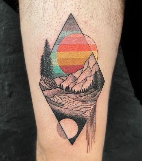 Sunset Tattoo Ideas, Hiking Tattoos, Sunset Tattoo, The Path Less Traveled, Sunset Tattoos, Path Less Traveled, Gray Instagram, Hiking Tattoo, Full Back Tattoos