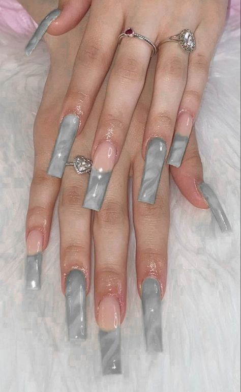 Grey Baddie Nails, Grey Long Acrylic Nails, Gray French Nails, Grey Acrylic Nails Designs, Grey French Tips, Grey French Tip Nails, Grey Nails Acrylic, Extra Nails, Grey Acrylic Nails