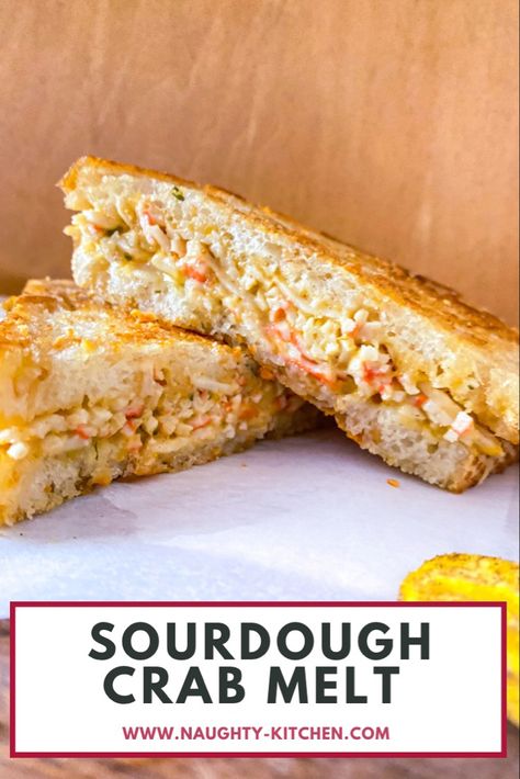 Crab melt sourdough bread Crab Melt Sandwich Recipes, Seafood Sandwiches Crab Meat, Crab Cake Grilled Cheese, Hot Crab Sandwich Recipe, Crabmeat Sandwich Recipes, Crab Rangoon Melt Sandwich, Grilled Crab Sandwich, Crab Melt Recipe, Sourdough Bread Sandwiches Lunches